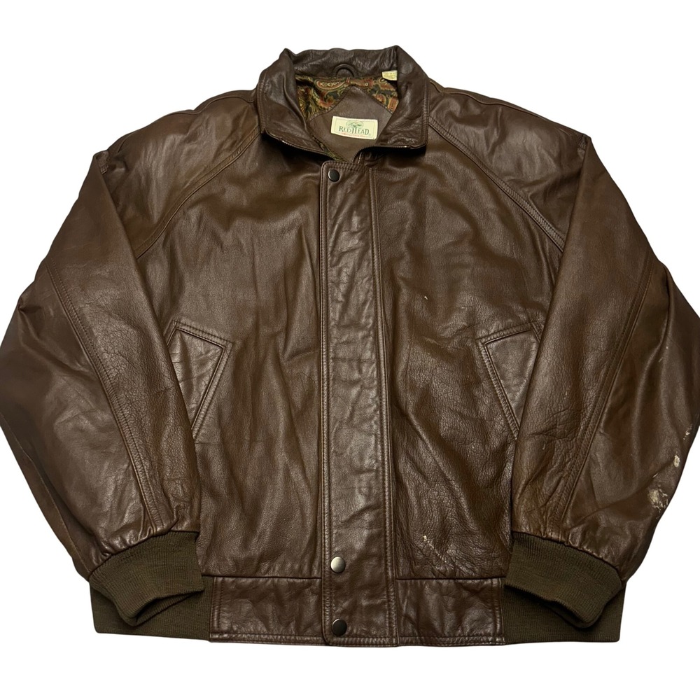 RedHead Leather Bomber Jacket Brown Mens XL Distressed Paisley Lining Outdoor